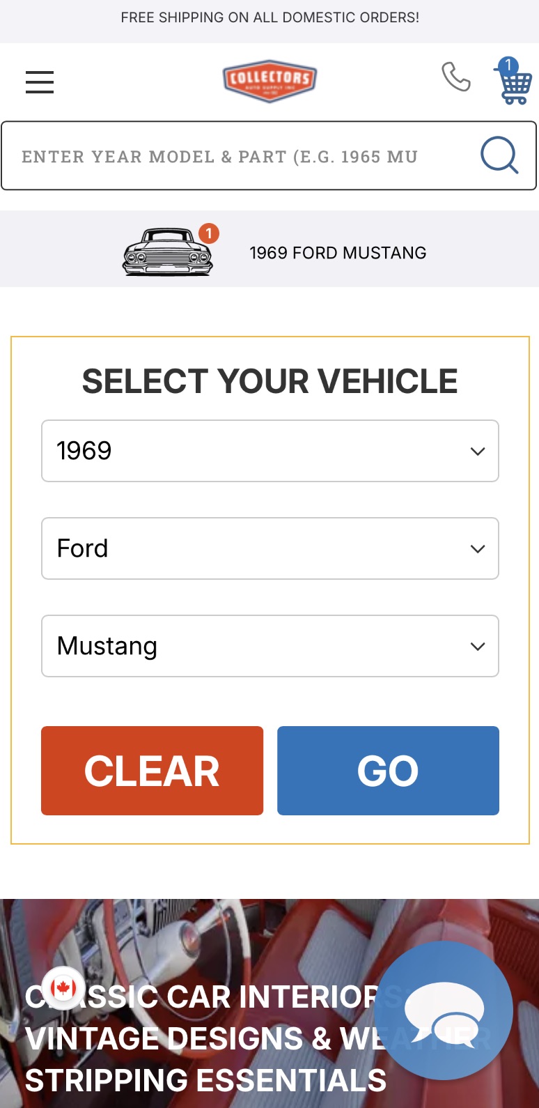 Collectors Auto mobile homepage with vehicle selector