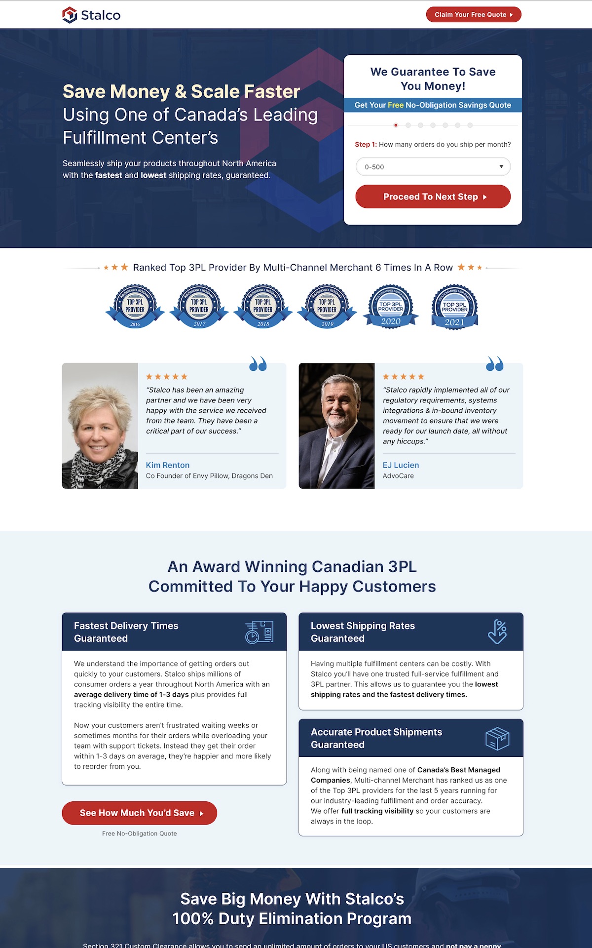Stalco fulfillment landing page with multi-step savings quote form