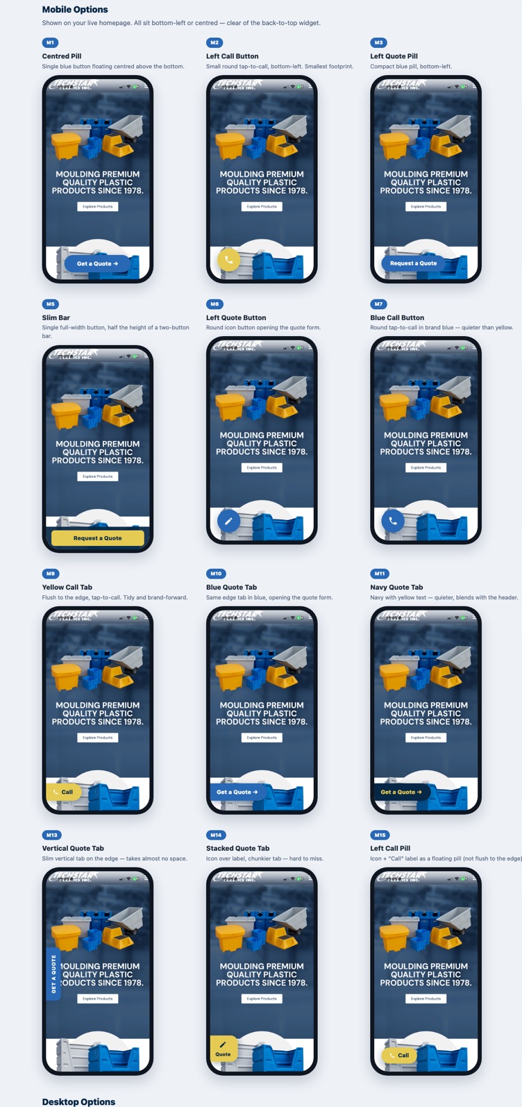 Sixteen labelled mobile sticky-CTA layouts presented to the client